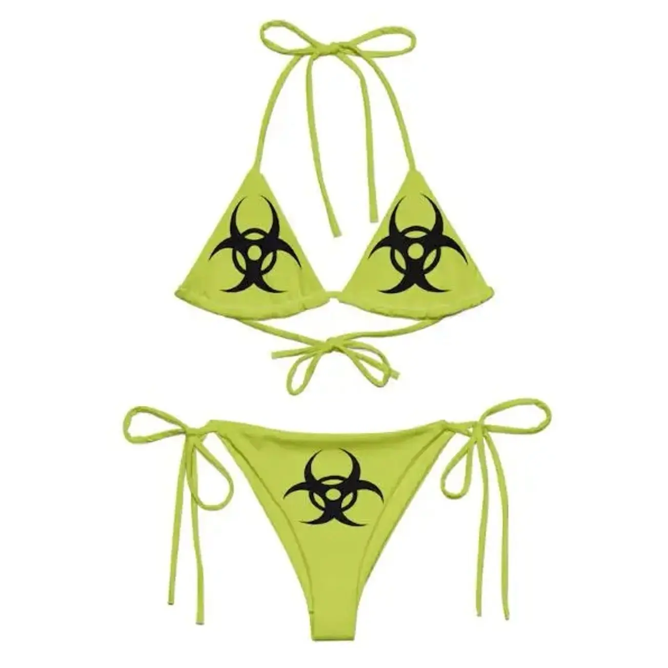 Lime Green Y2K Biohazard Bikini Set - Halter Top & V-String Bottoms for Women 6L7