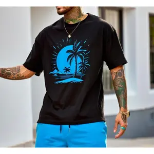 Men's casual cotton t-shirt with tropical palm tree and crescent moon pattern, short sleeves, round neck, perfect for summer outings