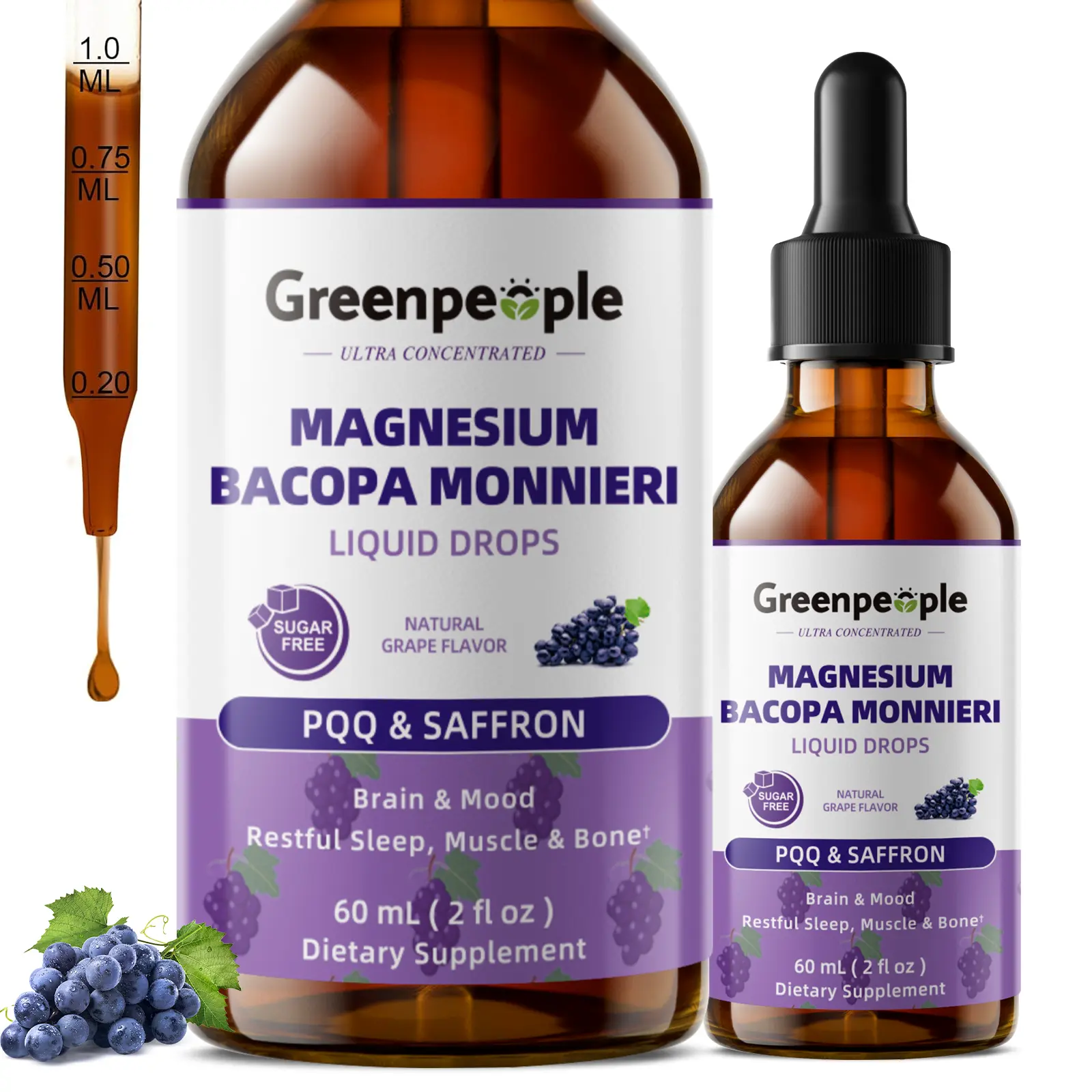 GREENPEOPLE Magnesium Glycinate Liquid Drops with Saffron, GABA & Bacopa | High Absorption Magnesium Supplement for Sleep & Relaxation Support | Sugar-Free Grape Flavor | Vegan Liquid Formula, 2 fl oz