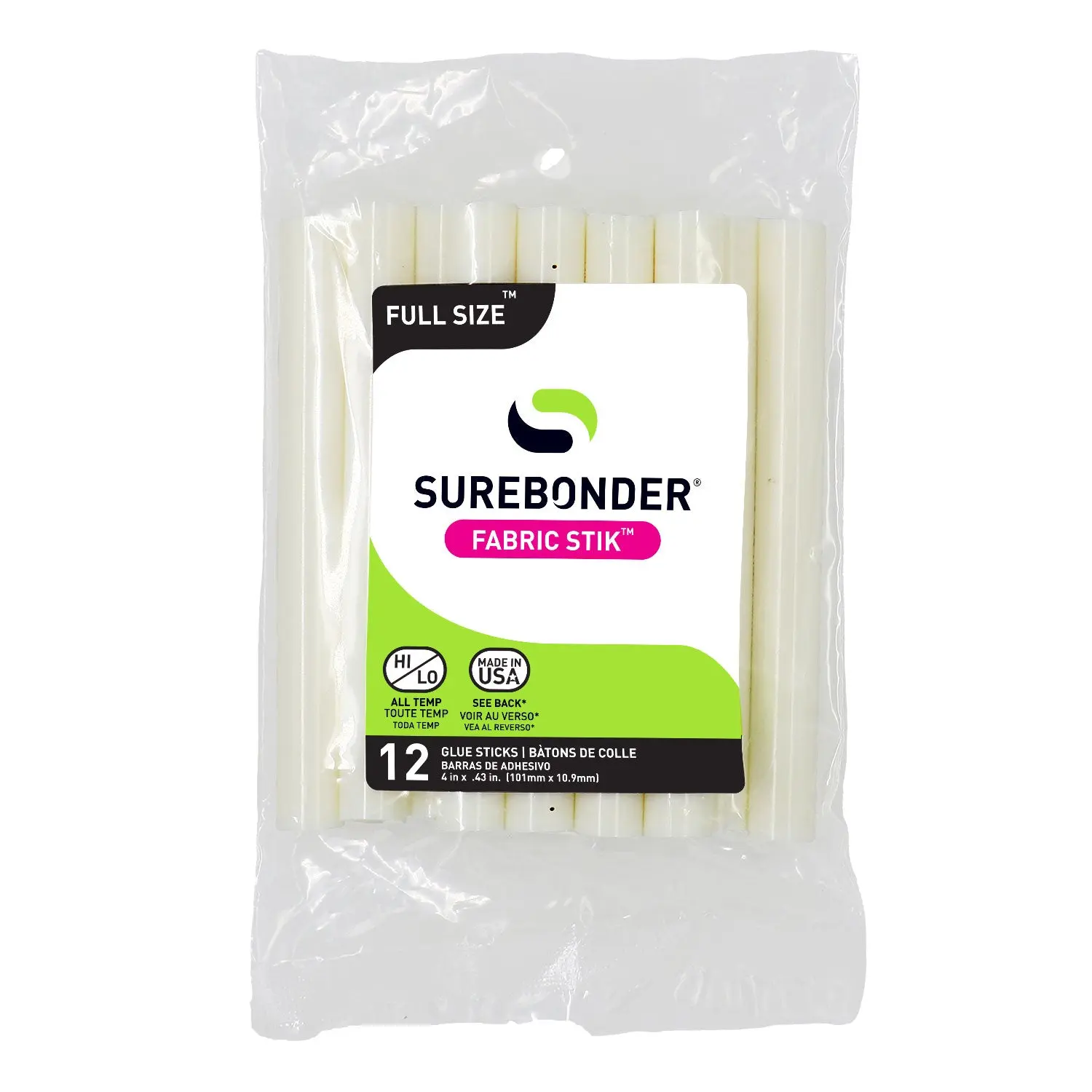 Surebonder Fabric Hot Glue Sticks, Full Size, 4-Inch, Machine Washable Adhesive for Denim, Felt, Leather, and More – Strong, Flexible Bond, 12 Pack, White