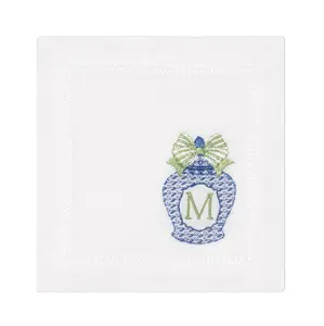 Embroidered Chinoiserie Ginger Jar Monogrammed Cocktail Napkin