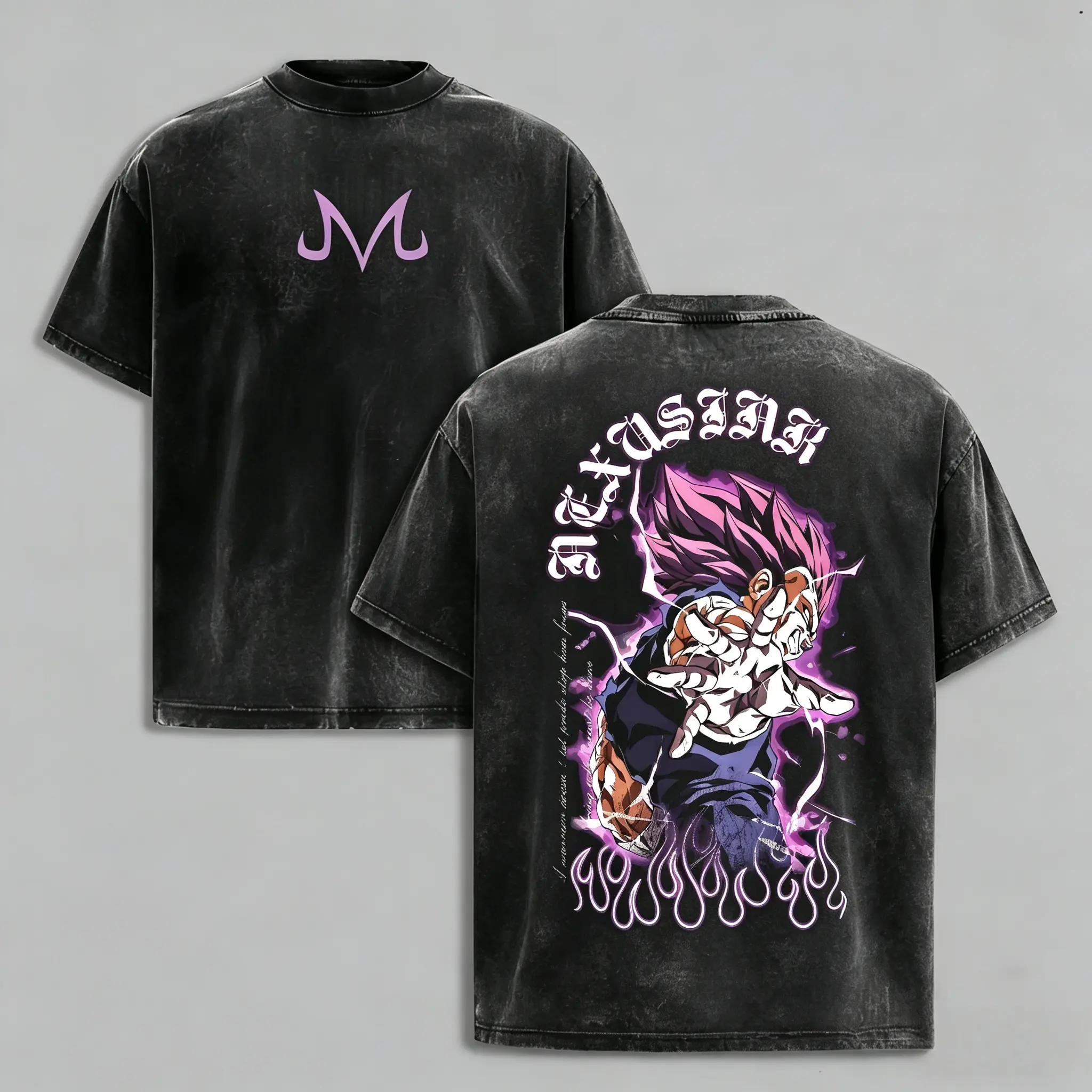 Limited "Majin Vegeta" Prince of Saiyans DBZ Premium Retro Vintage Unisex Oversize Anime Manga Acid Washed Heavyweight Cotton Hoodie & T-Shirt, Anime Merch, Gift For Jujutsu Kaisen Fan.