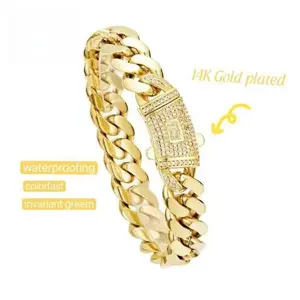 14K Gold Plated Miami Cuban Link Bracelet with Stainless Steel Zircon Clasp – No Fade Hip Hop Chain for Men and Women, Perfect Daily Jewelry & Gift