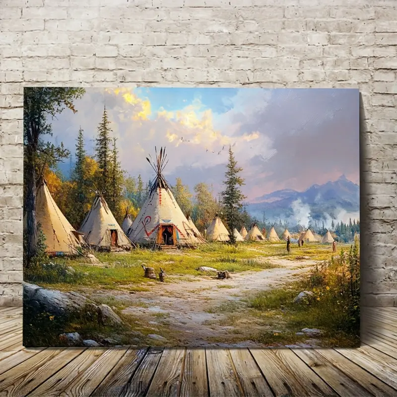 1 Piece, Modern Home Decoration, 2D Flat Wooden Frame Canvas Wall Art Ready to Hang, Wall Prints, Native American Indian Village Camp, Decorative Wall Art for Home, Home Wall Decoration LLPKH8731