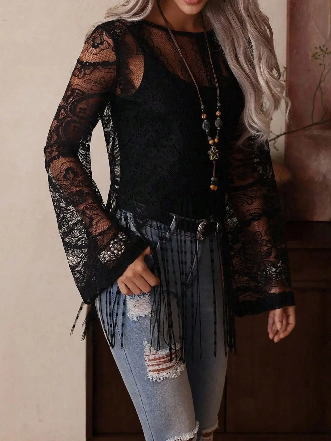 Women Spring Summer Western Lace Fringe Top Round Neck Bell Long Sleeve Sheer Floral Tassel Hem Boho Bohemian Cowgirl Country Concert Festival Vacation 2026