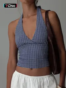 Women's Striped Print Backless Halter Crop Top, Casual Sleeveless Cropped Top for Summer, Fashion Women's Top for Daily Wear