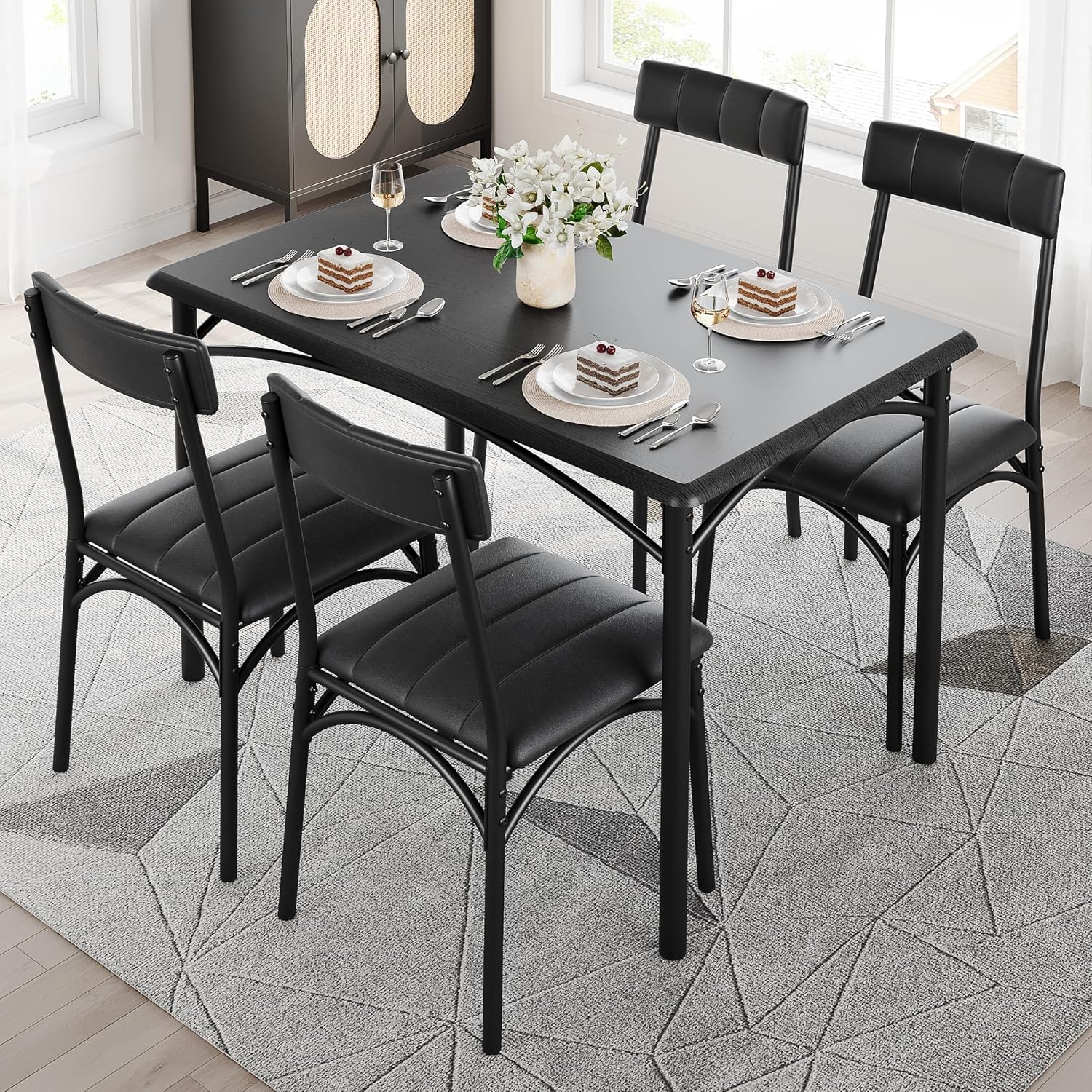 Kitchen Table and Chairs for 4, Rectangular Dining Set with Upholstered Chairs, 5 Piece Dining Table Set, Perfect for Home Dining Room Hotel Small Spaces