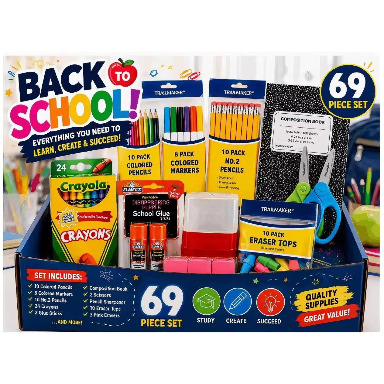 Back to School 69 Piece Set - Includes Crayola Crayons, Colored Pencils, Markers, Glue, Scissors, Erasers, and More for Learning and Creating