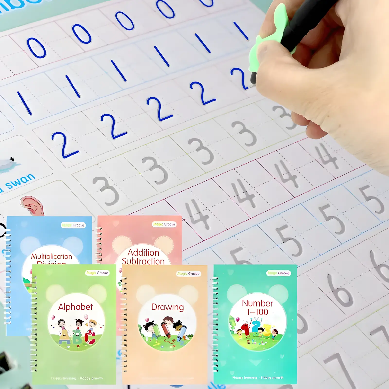 Limited-Time Sale Reusable Magic Grooved Handwriting Practice Copybook Set 5 Workbooks, 2 Pens, 10 Refills - Tracing Educational Supplies for Kids Ages 4-12, Preschool Learning Materials, For kindergarten children, Make children love learning