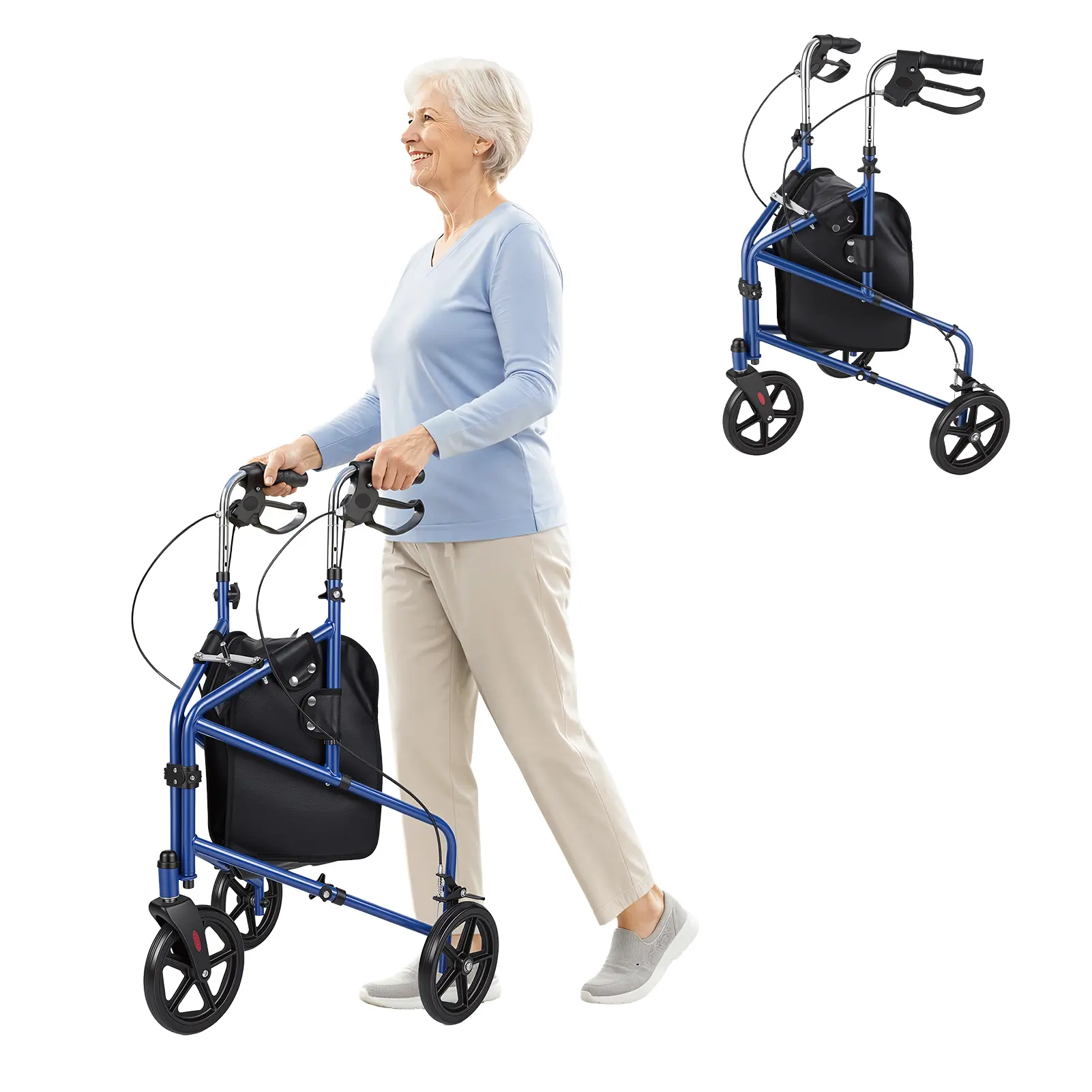 3-Wheel Foldable Rollator for Seniors - Adjustable Handle, Storage Basket, Lightweight Rolling Mobility Trolley for Elderly