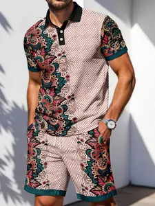 Men's Ethnic Paisley Print Collared Short Sleeve Polo Shirt & Shorts Set, Summer Casual Vacation, Slim-Fitting, Button Design