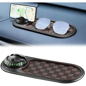 Multifunction Car Anti-Slip Mat, 360° Rotating Universal Phone Pad Holder, Car Anti Slip Mat Dashboard Mobile Phone Holder, with Parking Number Display & Organizer Tray, for Small Items (Black)