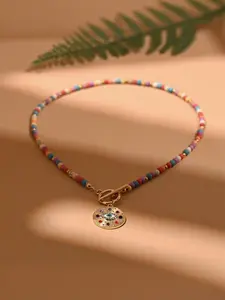 Multicolor Beaded Evil Eye Pendant Necklace, Round Metal Crystal Stone Amulet, Unisex Fashion Jewelry for All Seasons, Trendy Necklace