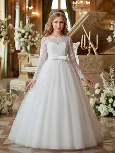 Girl's Patchwork Bow Decor Lace Trim Sweater Dress, Elegant Butterfly Sleeve Square Neck A Line Dress for Party Wedding Guest, Kids Clothes for All Seasons