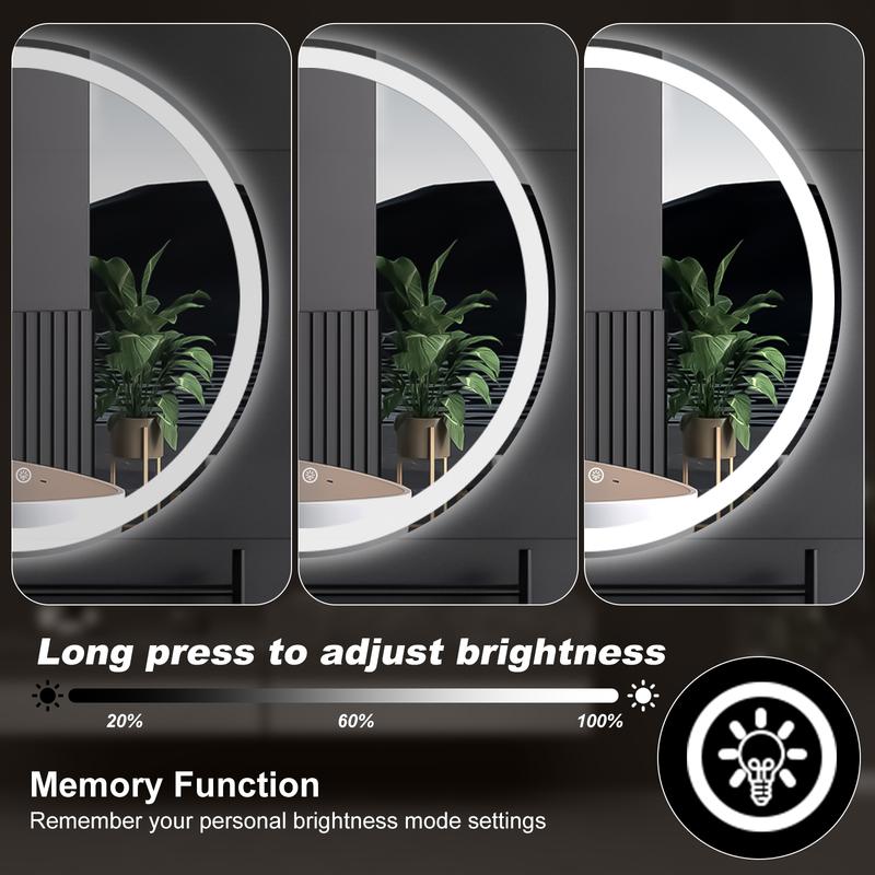 【Valentine's Day Gifts】Round LED Bathroom Mirror with Lights, Circle Vanity Mirror with Anti-Fog, Dimmable, 3-Color Light, Memory Function, Tempered Glass