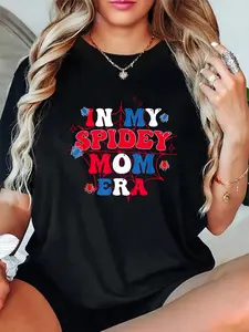 100% Cotton Unisex Mother Day In My Spider Mom Era T-Shirt，Autumn women's short-sleeved, Thanksgiving and Halloween maple leaf pattern T-shirt