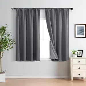 100% Blackout Curtains 45 Inches Long with Tiebacks, Privacy Protection & Noise Blocking Rod Pocket Window Draperies with Black Liner for Bedroom Living Room, Dark Grey, W52 x L45, Set of 2