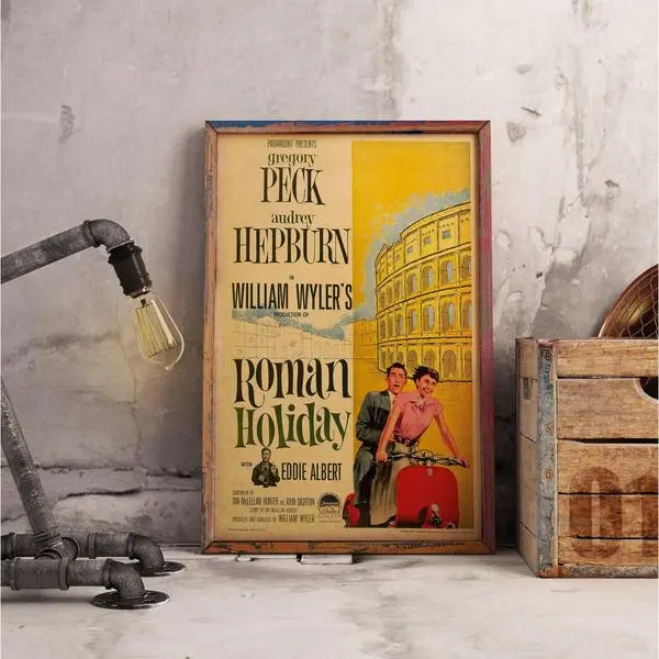 Vintage Roman Holiday Movie Poster - Audrey Hepburn & Gregory Peck Retro Kraft Paper Print For Classic Film Fans