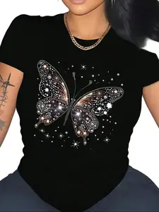 Women's Butterfly Print Smooth Fabric Short-Sleeve Round Neck Fit T-Shirt - Shiny Purple Casual Top, 100% Polyester, Lightweight, Breathable, Machine Washable, Suitable for Spring, Summer
