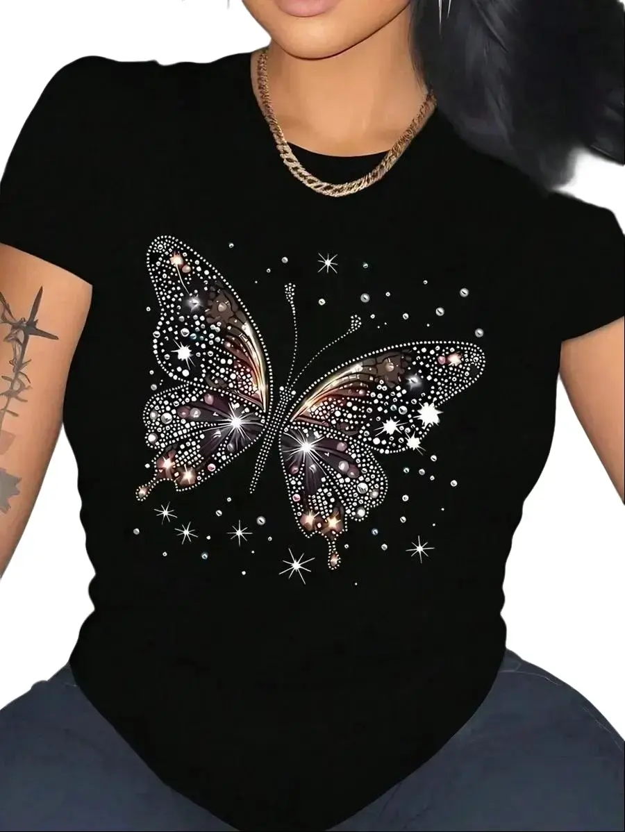 Women's Butterflies Print Smooth Fabric Shortsleeve Round Neck Fit T-Shirt - Shiny Purple Elegant Comfortable Everyday Casual Top, 100% Polyester, Lightweight, Breathable, Machine Washable, Suitable for Spring, Summer, Tshirt, Shirts For Women, Lady, Piec