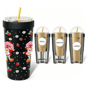 Summer Strawberry Girl Insulated Cup Holder | 32oz Universal Iced Coffee Tumbler Carrier, Vacuum Stainless Steel Keeps Cold 12H+, Cute Retro Strawberry Print Travel Ice Drink Companion for Office & Car Use
