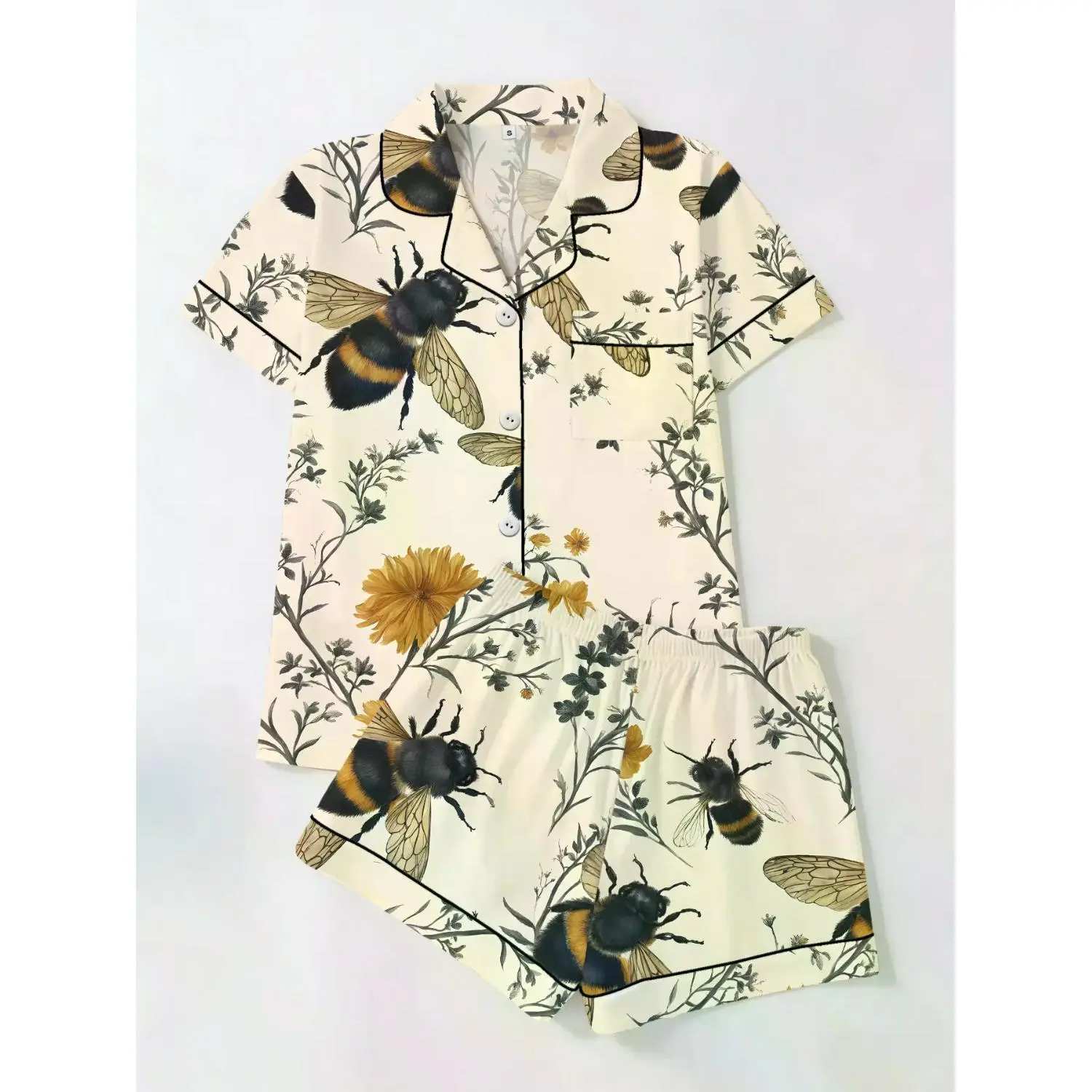 Floral Bee Daisy Print Short Sleeve Pajama Set - Women's Casual Two-Piece Homewear, All-Season Comfortable Loungewear