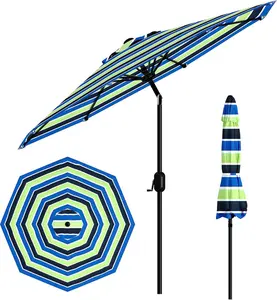 9FT Patio Umbrella Outdoor, Market Umbrella, Table Umbrella with Push Button Tilt and Crank, 8 Sturdy Ribs UV Protection Waterproof for Garden, Pool, Deck, Backyard (Yellow-Blue-Purple Striped) Sunshade Canopy