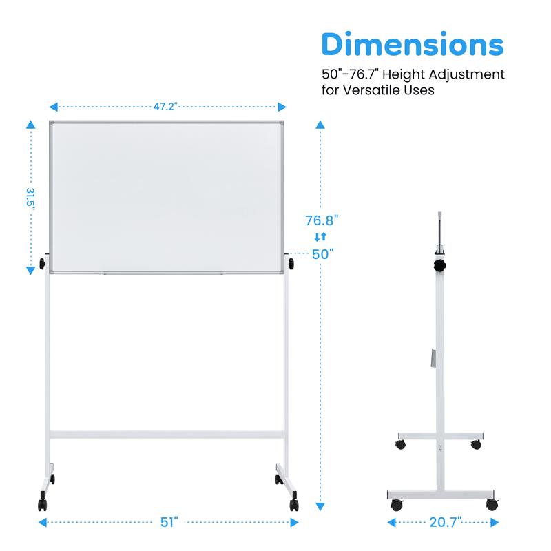Rolling White Board on Wheels 48" x 32" Large Dry Erase Board with Stand for Home Office School Easy Install Strong Durable Double Sided Height Adjustable Flexible Mobile Use Wheels for Home Office Classroom