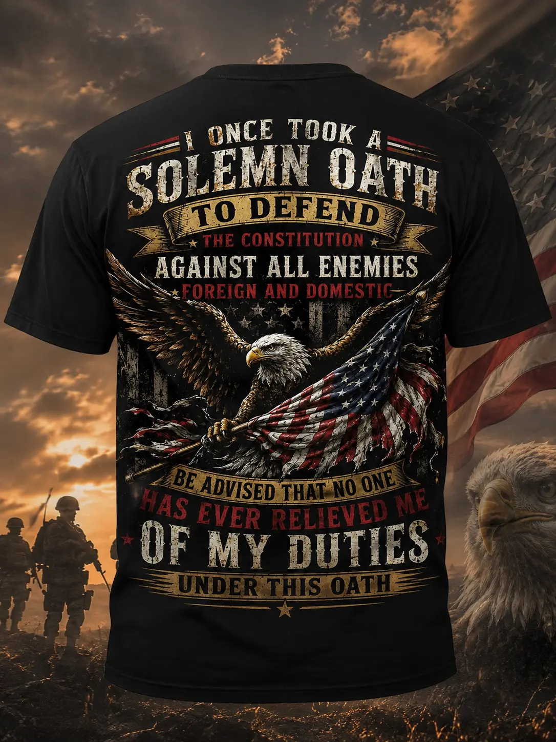 Patriotic Oath Graphic T-Shirt, American Eagle Veteran Tee, Unisex Black Statement Shirt