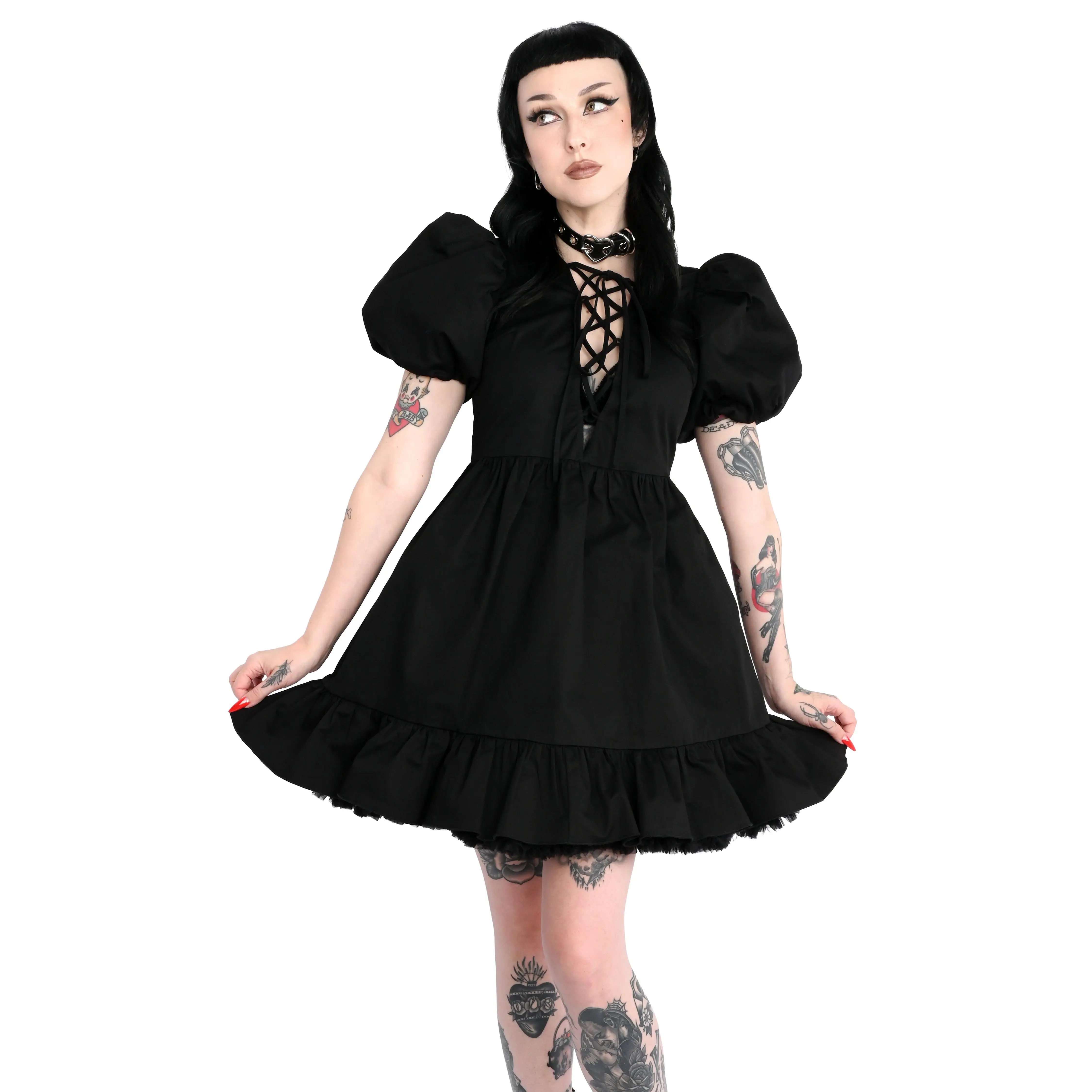 Foxblood Shop Women's Cotton-Spandex Soft Casual Abby Puff Sleeve Dress - Elastic, Adjustable, Zipper Detail - Limited Stock: Only XS/S/M Left, No Restock