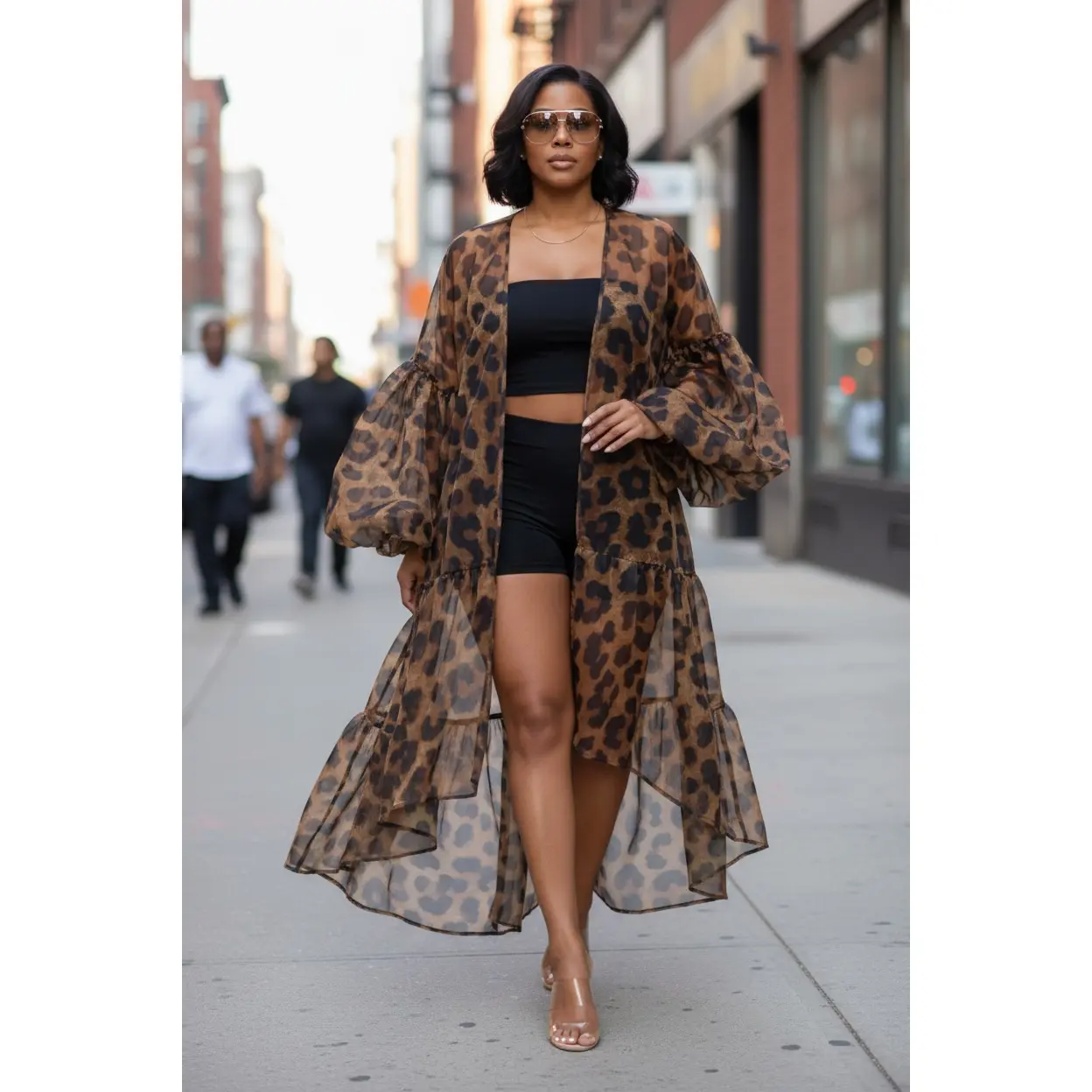 Women's Eden Leopard Sheer Kaftan-Kimono, Elegant Casual Dress, Essential for Evening Wear, Elegance, Sleeves
