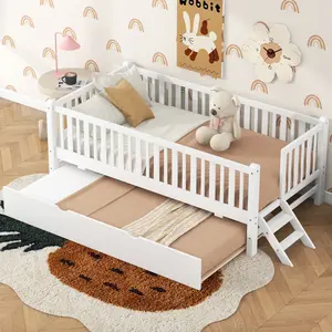 Twin Size Platform Bed with Guardrail and Trundle, Solid Wood Bed Frame with Sturdy Slats, No Box Spring Needed