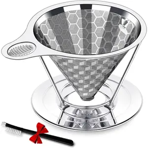 Triple Layer Pour Over Coffee Filter Durable Pour Over Coffee Dripper Easy Clean Metal Cone Filter Paperless Stainless Steel Pour Over Coffee Maker With Holder 2 Cup (HOLDER)