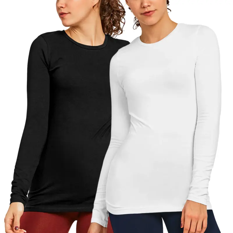 Women’s 2-Pack Long Sleeve Cotton Crew Neck Classic Fit Solid Tees - Basic Fabric, Breathable, Comfortable, Outdoor Coordinate Tops - S-XL Workout & Casual Womenswear Streetwear