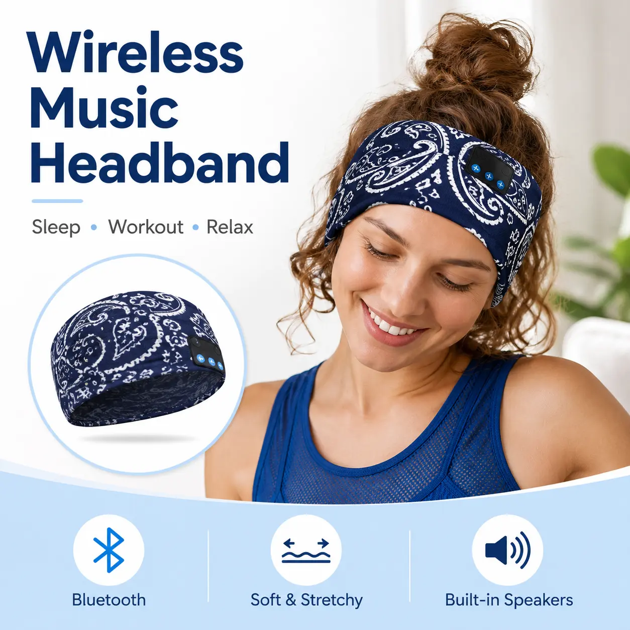 Bluetooth Sleep Headband Headphones - Soft Polyester & Spandex Wireless Headset with Built-in Speakers, USB Rechargeable for Side Sleepers, Yoga/Running, Music/Calls (Phones & Electronics Accessory), Workout