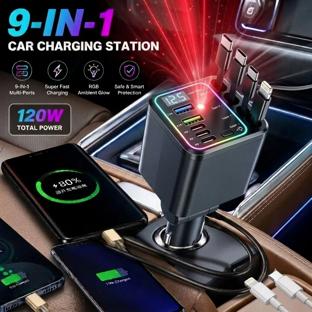9-in-1 Car Phone Charger - High Efficiency Fast Charging Station with Retract Cable, 180° Rotating USB-C Adapter, Star Projector Atmosphere Lamp, LED Voltage Show, Compatible with iPhone 17/16/15/14, Samsung Galaxy