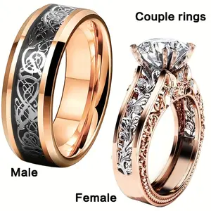 Stylish Couple's Ring Set - Golden-Tone with White Crystal Zirconia & Celtic Dragon Design, Stainless Steel - Perfect Wedding Gift for Him