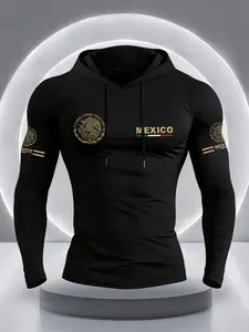 Men's Mexico Flag Eagle Print Hooded Long Sleeve T-Shirt, Comfortable Elastic Fabric, Casual Outdoor Fitness Sportswear