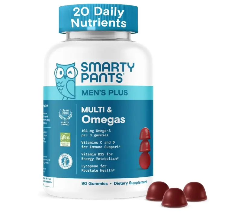 SmartyPants Men's Multivitamin Gummies - Improved Formula: Omega 3 (DHA/EPA), Methylfolate, Vitamin D3, C, Vitamin B12, B6, Vitamin A, K, Zinc & Selenium, Gluten Free, 90 Count (30 Day Supply)