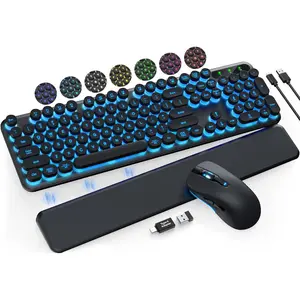 Keyboard and  Backlit - Typewriter Keyboard with Detachable Wrist Rest, Retro Round Keycaps, Light Up Letters, 2.4G Cordless Combo for , Windows, PC, Laptop,  [2024 Upgraded]