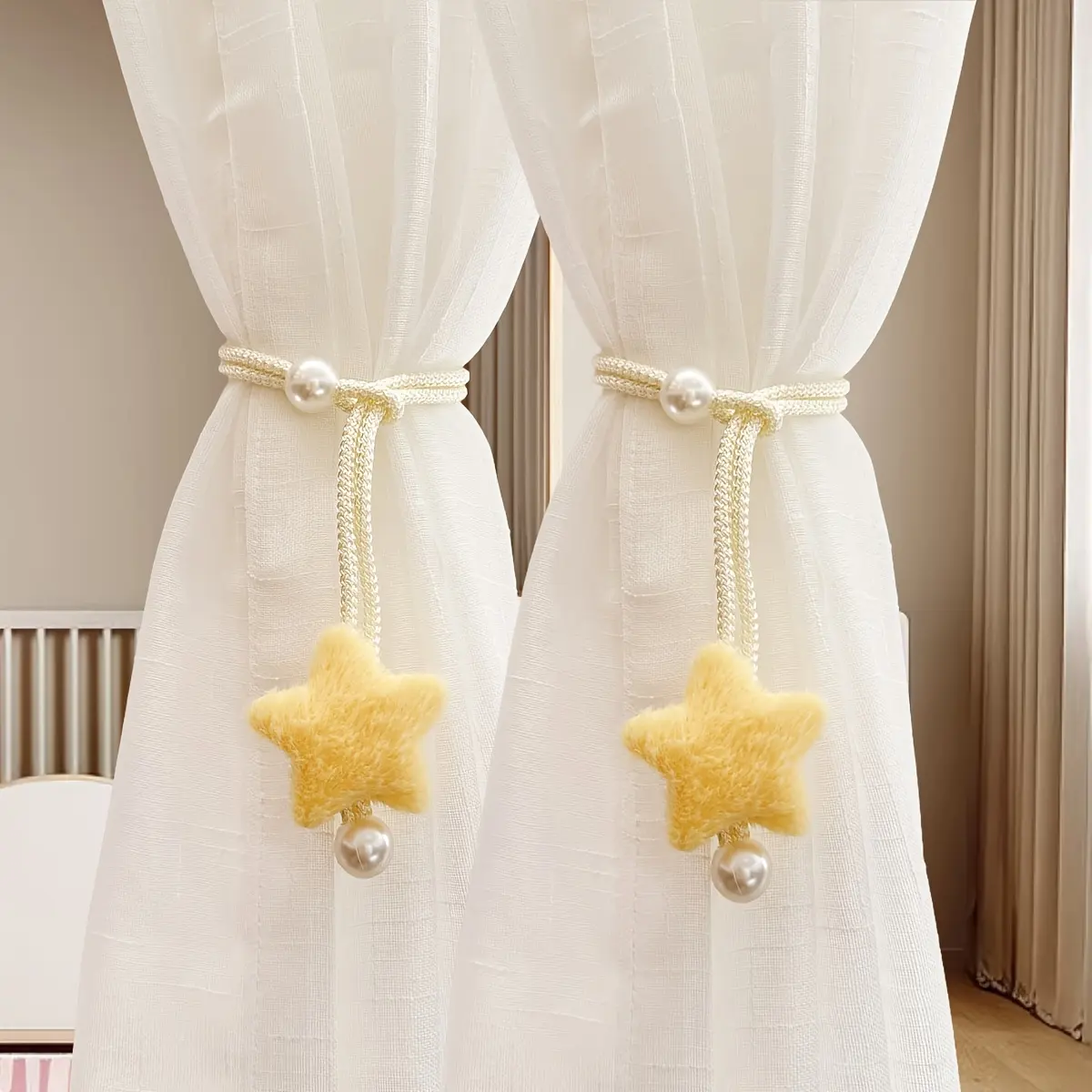 2pcs/1pc Star Decorative Curtain Tiebacks, Simple Imitation Pearl Curtain Cords, Sheer Curtain Ties, Mosquito Net Storage Cords