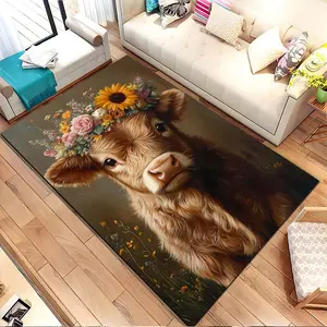 Cow with a floral crown. Printed pattern home carpet, suitable for living room, bedroom, kitchen mat, home decoration, carpet, and suitable as a holiday gift for family and friends
