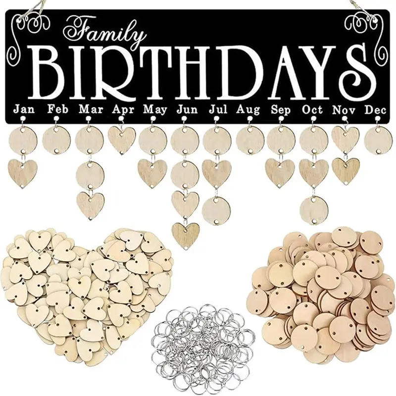 DIY Wooden Family Birthday Calendar Board Happy Birthday Sign, Gifts for Moms Dads, Wall Hanging Decorative Birthday Tracker Plaque with 100 Wood Tags, Decoration