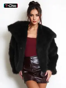 Women's Elegant Solid Color Wide Collar Zipper Closure Plush Warm Coat, Stylish Everyday Outerwear for Fall & Winter Seasons