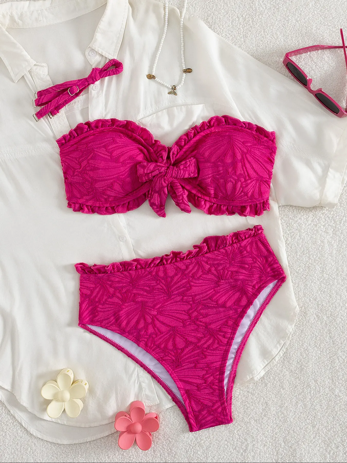 Two-Piece Bikini Set, Girls' Rose Floral Pattern, Removable Shoulder Straps, Elastic Waist Design, Perfect for Summer Beachwear, Teen Girl Swimsuits