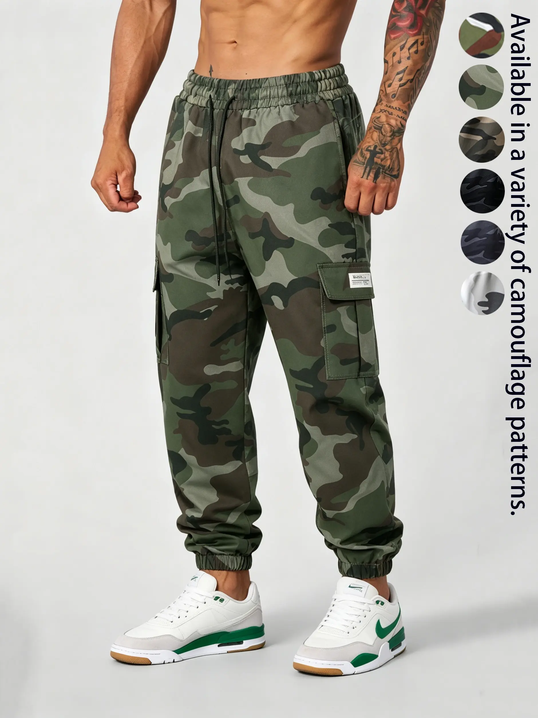 Men's Camouflage Cargo Jogger Pants, Tactical Streetwear Utility Pants with Elastic Waist Drawstring, Multi Pocket Outdoor Hiking Work Pants, Relaxed Fit Tapered Cuff Casual Camo Joggers for Men