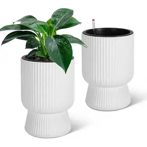 14.2" Tall Planters Set of 2,Large Indoor/Outdoor Self-Watering Flower Pots with Built-in Drainage,Water Level Monitor & Wheels for Patio,Porch,White