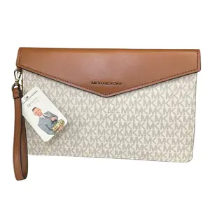 Pre-owned MICHAEL KORS Canvas Clutches & Wristlets Maisie Leather Brown White GHW XL Envelope Clutch Wristlet