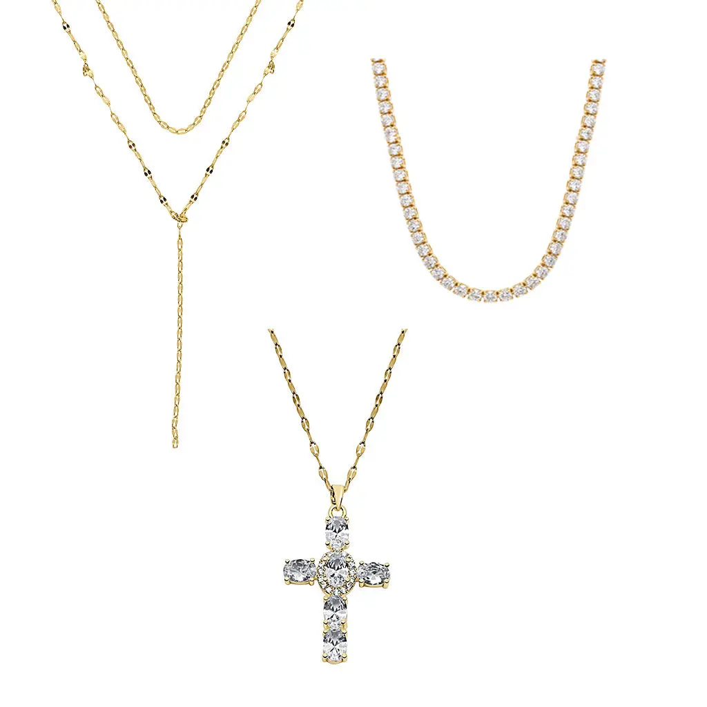 EVRY JEWELS Gold or Silver Plated Women's Icy Girl 3 Piece Necklace Bundle