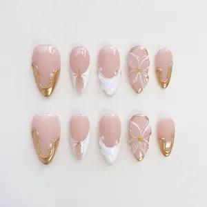 3D Flower Press On Nails: Gold Chrome, Short Almond, White French